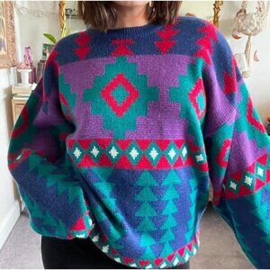 Vintage Interim Pattern Bright Multicolor Crewneck Sweater Women’s Size Large